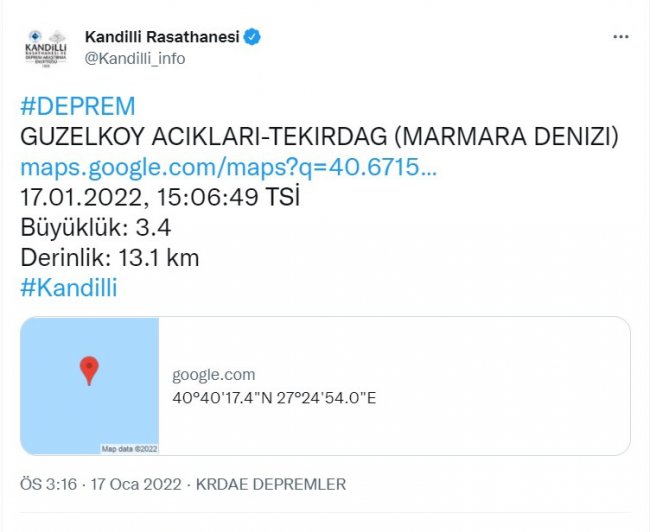Tekirdağ'da 3,4 Büyüklüğünde Deprem!