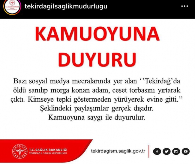 "Tekirdağ'da Öldü Sanılıp Morga Konan Adam Ceset Torbasını Yırtarak Çıktı" Paylaşımlarına Açıklama Geldi