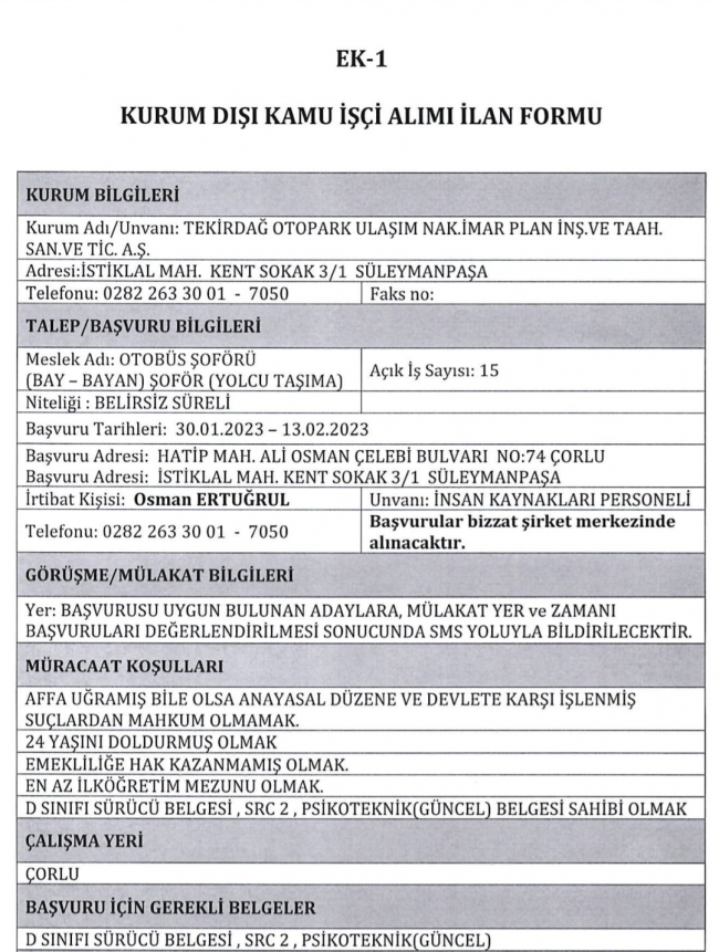 TEKULAŞ En Az İlkokul Mezunu 15 Personel Alımı Yapacak!