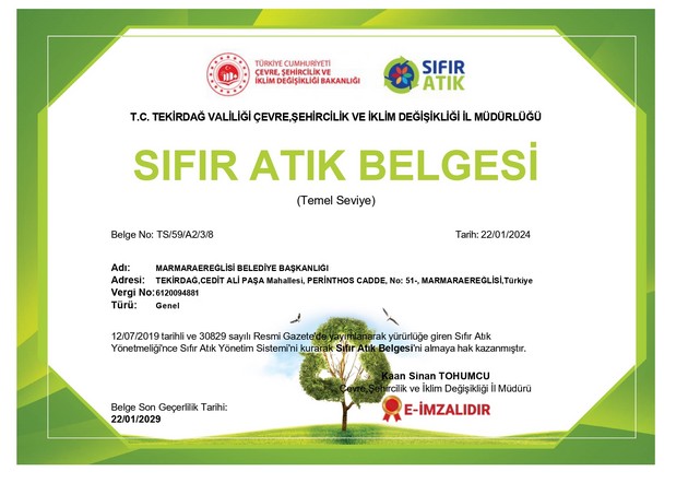 Marmaraereğlisi'ne Sıfır Atık Belgesi