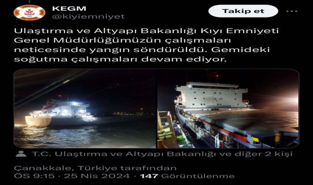 Çanakkale Boğazı'nda gemi yangını