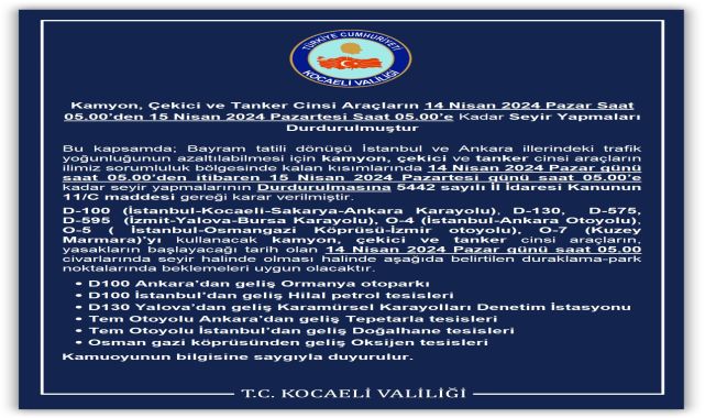 Kocaeli Valiliği'nden Ramazan Bayramı tatili dönüşünde kentte 'uzun araç' yasağı