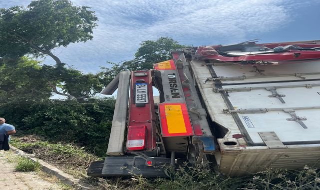 Bursa&#039;da kamyonun çarptığı TIR, yol kenarındaki çalılığa devrildi
