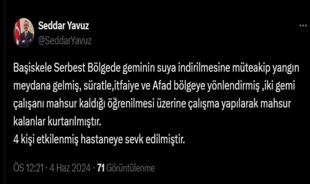 Tersanede gemi yangını; 4 mürettebat dumandan etkilendi