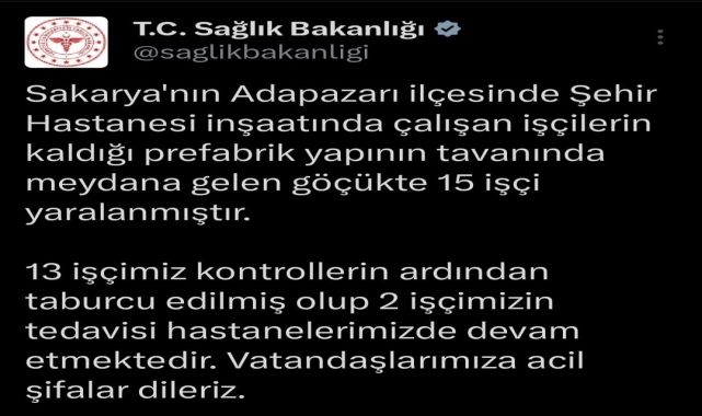 Sakarya Şehir Hastanesi inşaatındaki göçükte yaralanan 15 işçiden 13&#039;ü taburcu oldu