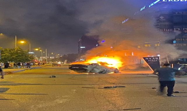 Takla atan otomobil alev alıp yandı; 2 yaralı