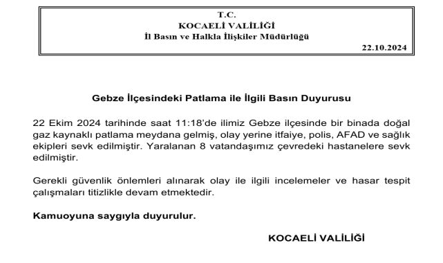 Gebze'de apartmanda doğal gaz kaynaklı patlama; 8 yaralı