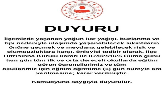 Büyükorhan'da okullar 1 gün tatil