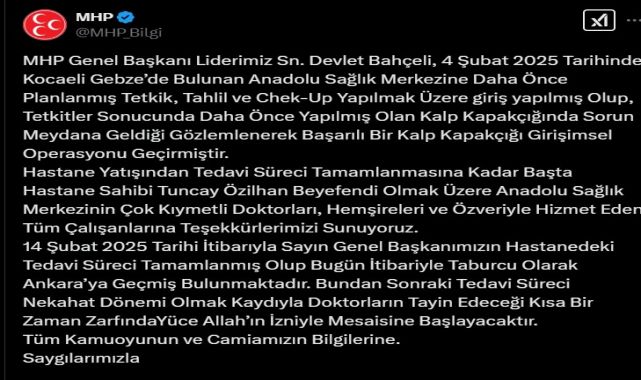 Devlet Bahçeli taburcu edildi