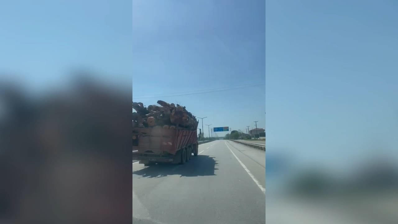 Yoldaki tomruk yüklü kamyon, sürücüleri tedirgin etti