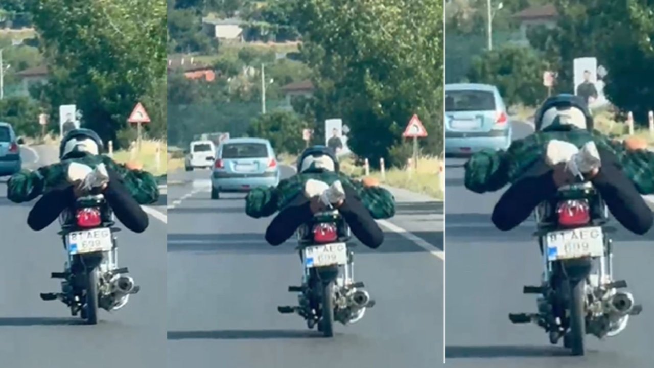 D-650 karayolunda motosikletini üzerine yatarak sürdü, o anlar kamerada