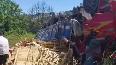 Freni boşalan kamyon devrildi; 1 yaralı