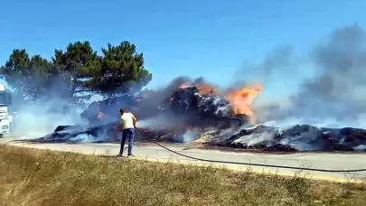Saman yüklü römorkta çıkan yangın tarlaya sıçradı