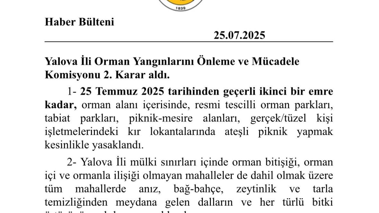 Yalova'da ormanlara girişler yasaklandı