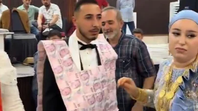 Kızıltepe’de düğünde damada 200 TL’lik banknotlarla hazırlanmış yelek giydirildi