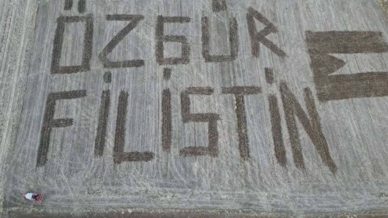 Traktör ile tarlalarına &#039;Özgür Filistin&#039; yazdılar