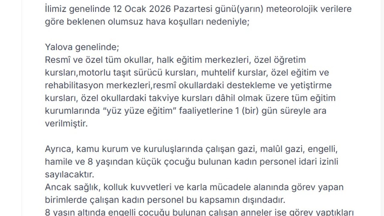 Yalova’da eğitime 1 gün ara verildi