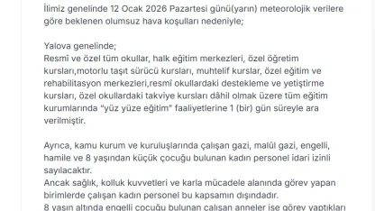 Yalova’da eğitime 1 gün ara verildi