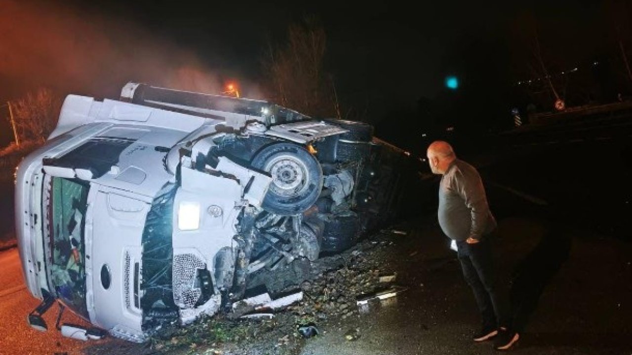 İnegöl’de yağmur suyu kanalına düşen TIR’ın sürücüsü yaralandı