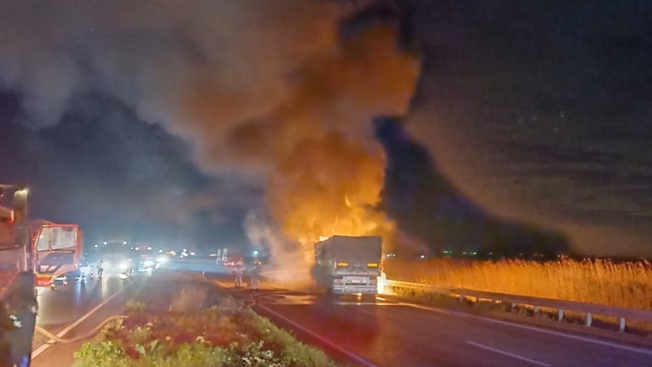 Bursa'da buğday yüklü TIR alev alev yandı